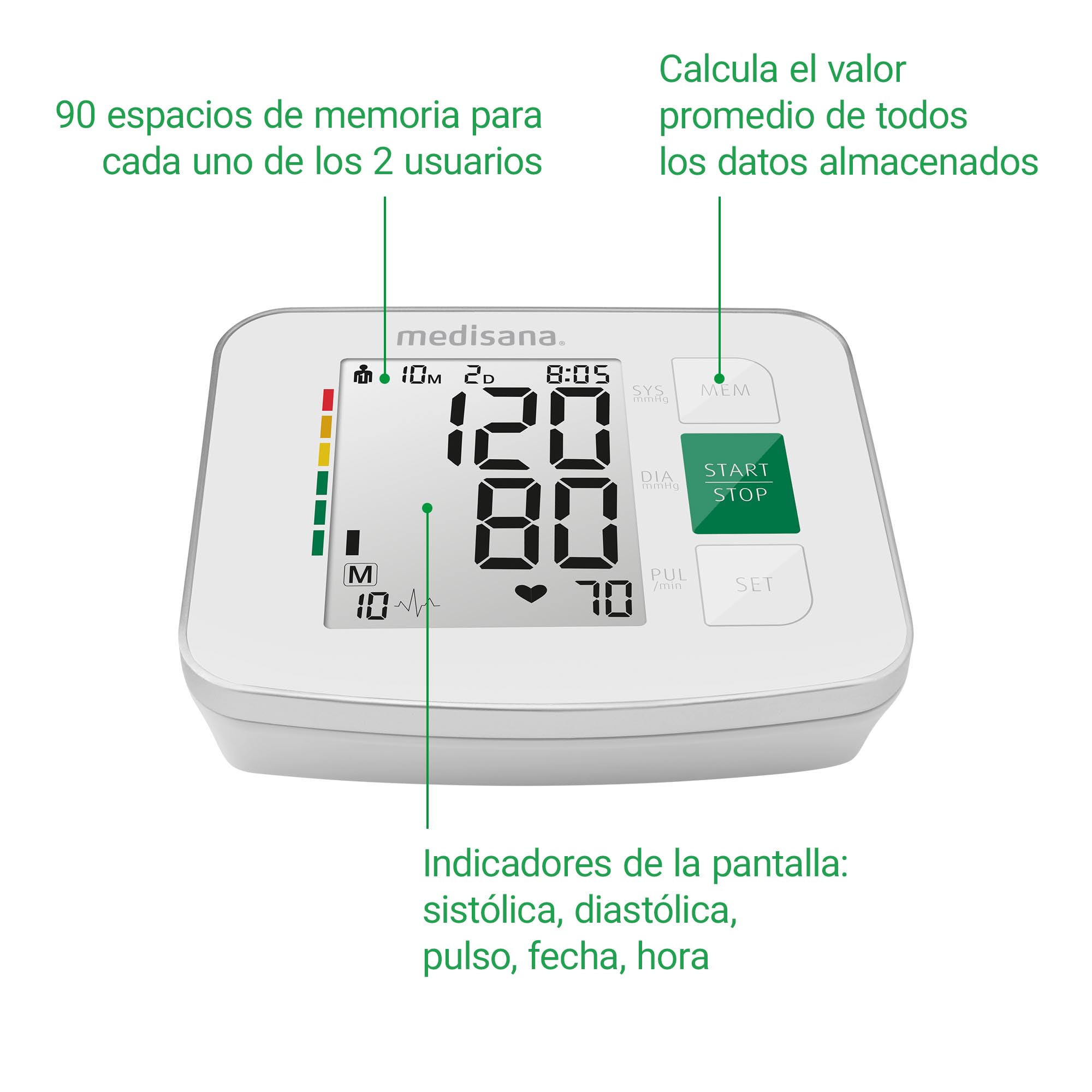 medisana BU 512 Monitor de presión arterial para el brazo, Medición precisa de presión arterial y pulso, Memoria para 2 usuarios, Escala de semáforo, Detección y advertencia de arritmias