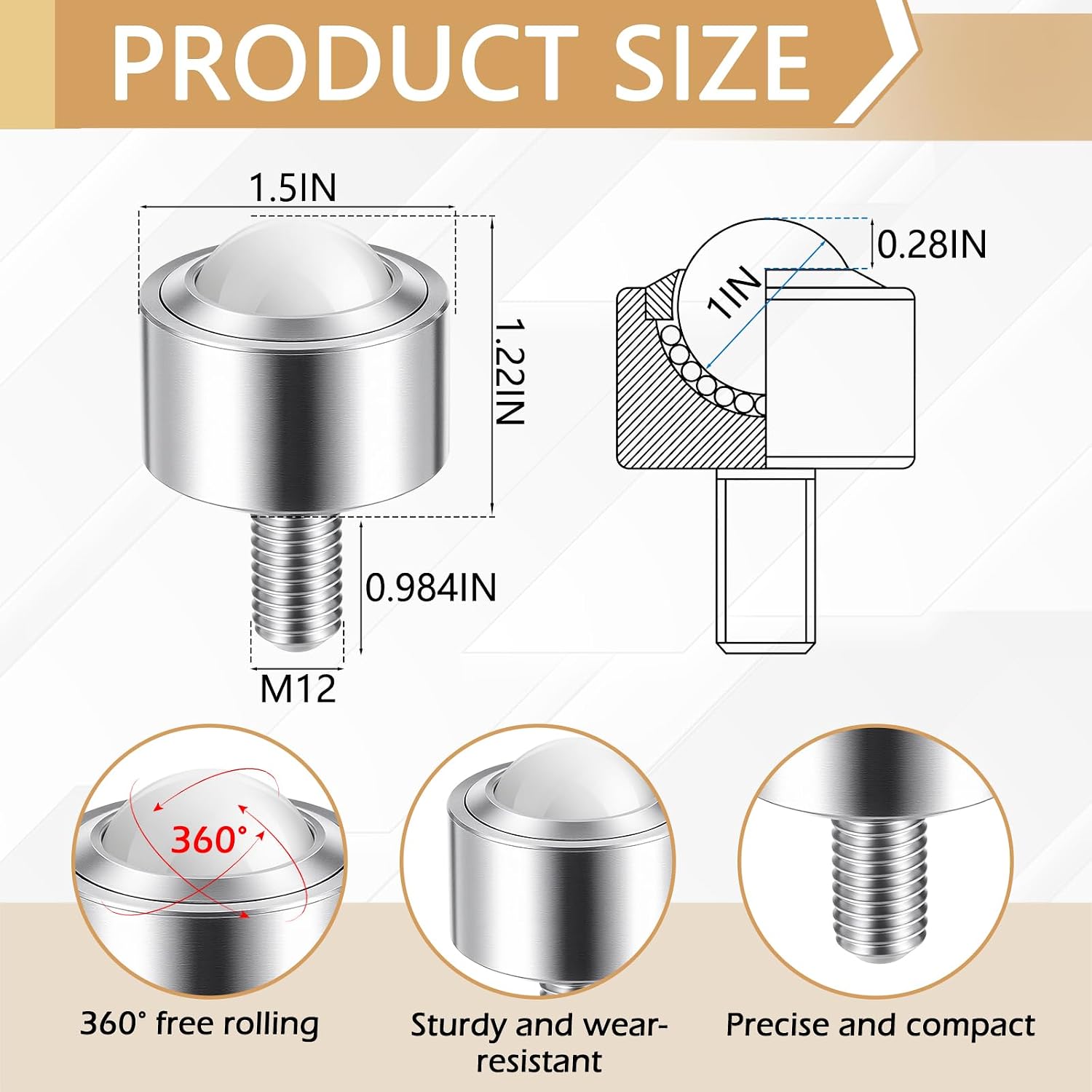 4 Pcs 1 Inch Nylon Ball Transfer Roller Casters, Heavy Duty Stud Mounted, 560 Lbs Total Load Capacity, 360° Conveyor Roller, Ball Transfer Unit with Thread Stem for Workbench Table