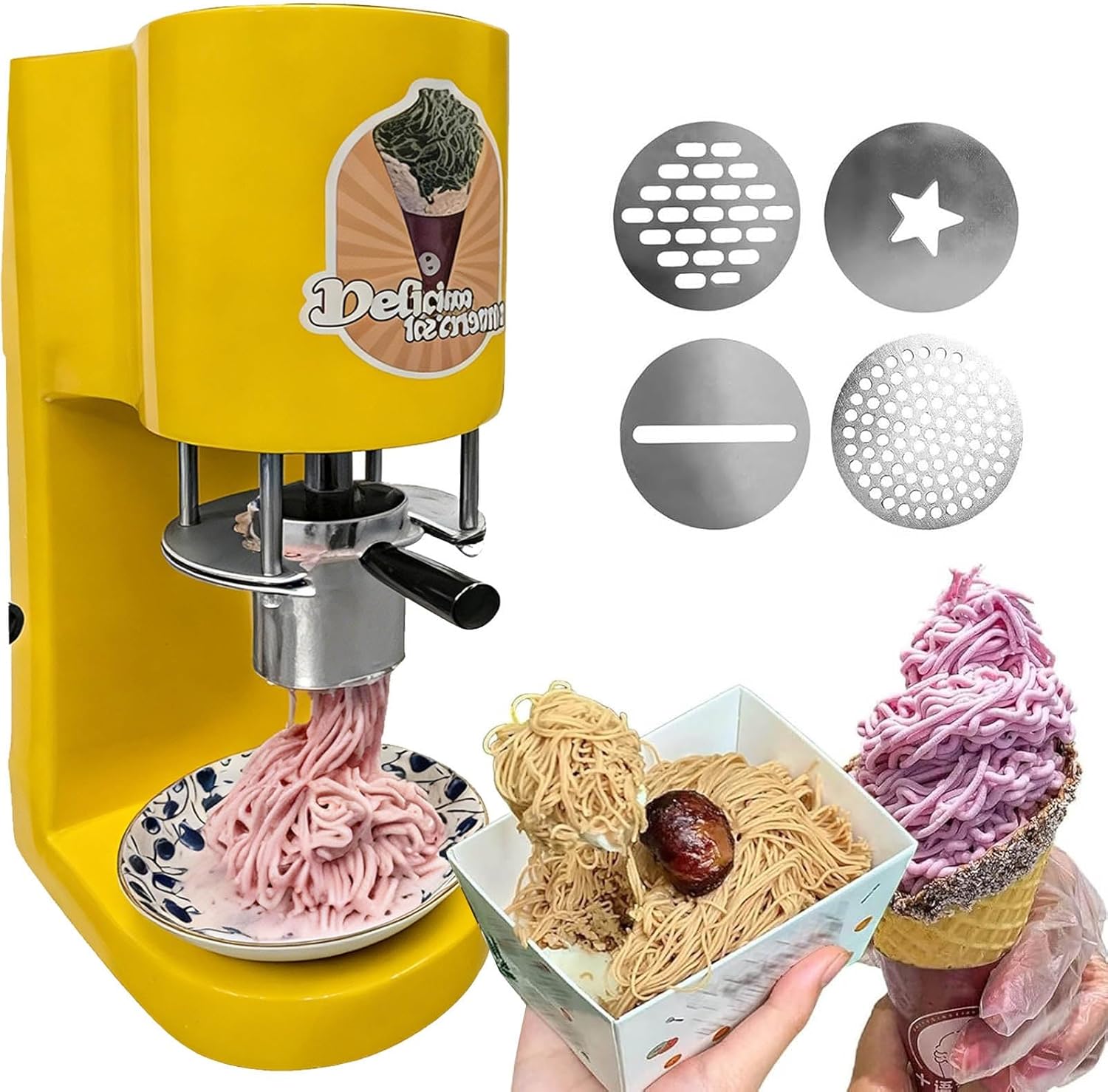 Commercial Spaghetti Ice Cream Machine, Ice Cream Noodle Shape Press Machine with 4 Shape Molds Commercial Ice Cream Noodle Maker, 7.9 Gal/Hr Spaghetti-Eismaschine(C)
