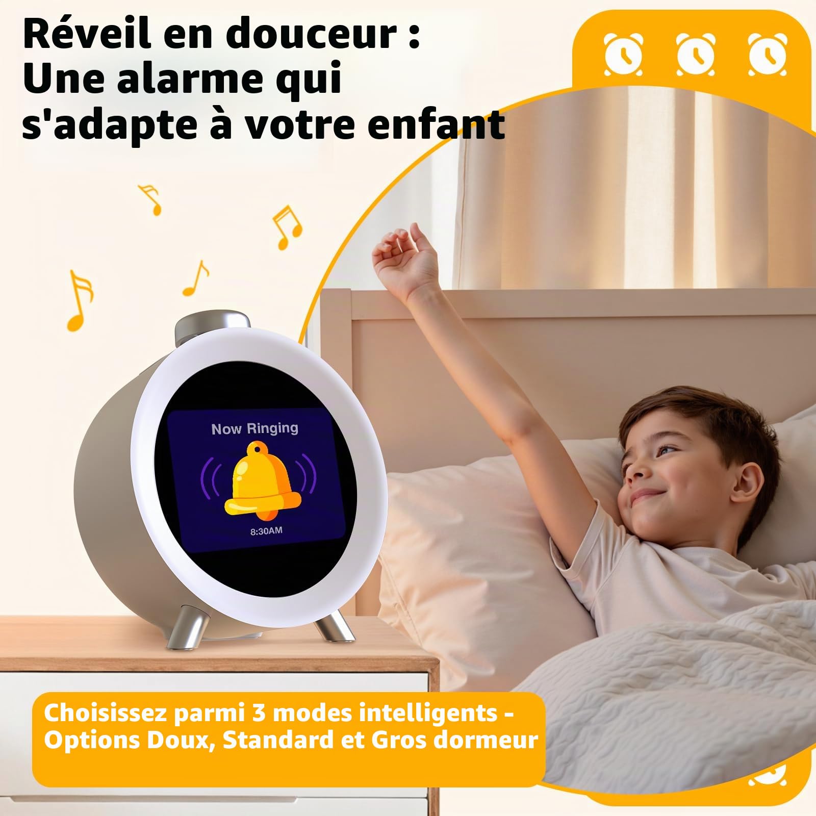 Dekala Réveil Enfant Boîtier Rond avec Écran IPS, Capteur De Température & Humidité, Thèmes Interactifs, Bruits De Sommeil, Alarmes Personnalisables pour Garçons Et Filles (argenté)