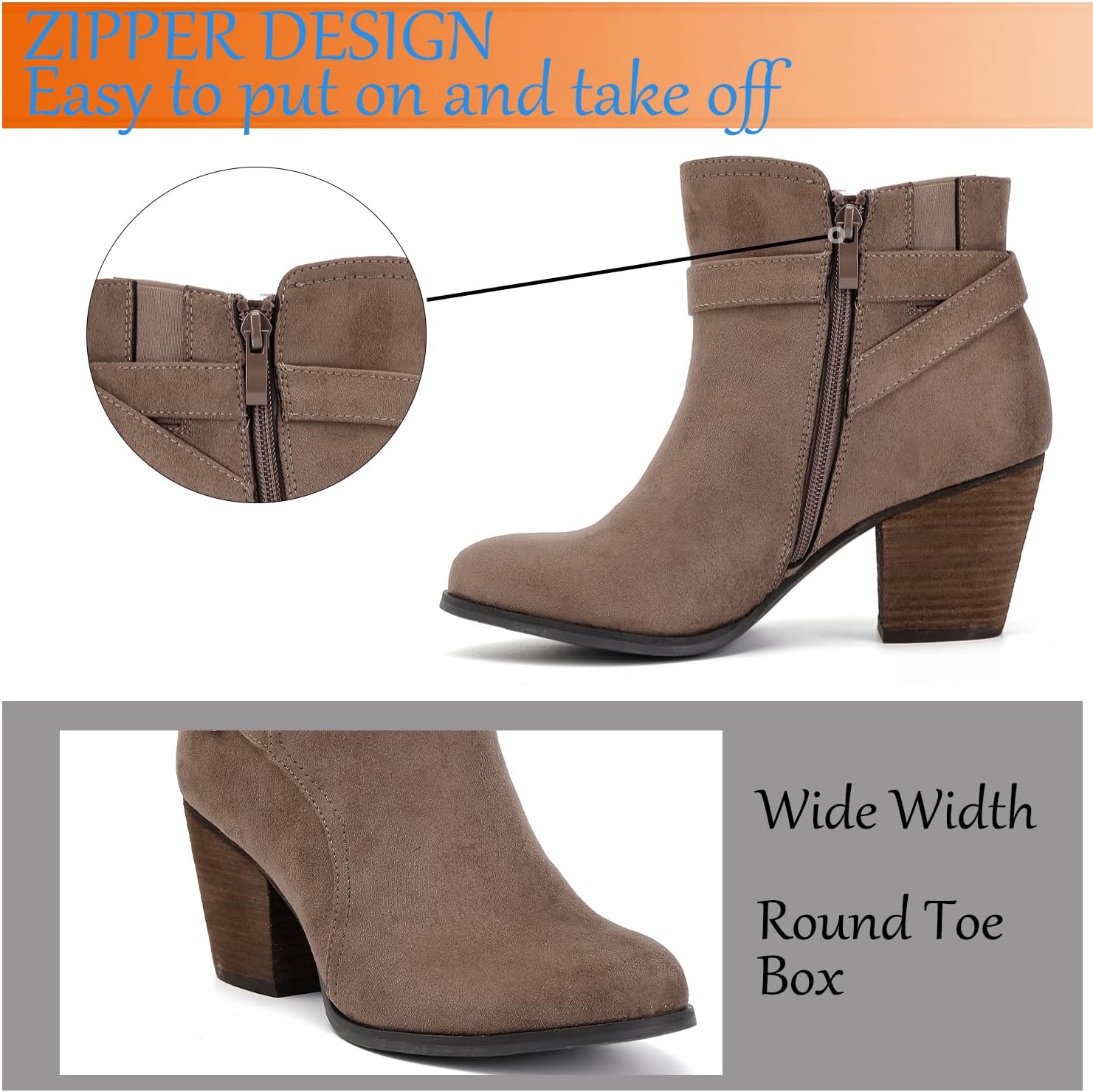 Luoika Women's Wide Width Ankle Boots - Black Brown Short Boots Block Low Heel Side Zipper Booties. - Image 5