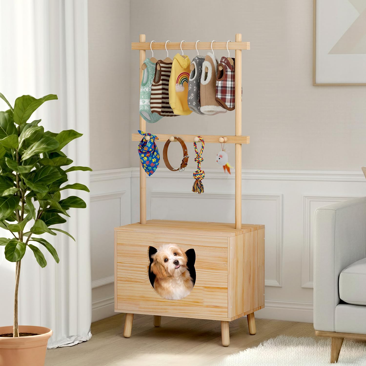 Cat House Side Table,Dog Closet Wooden Pet House Kitten Clothes Rack,Indoor Cat Activity Center for Toy Organization,No Paint (Natural)