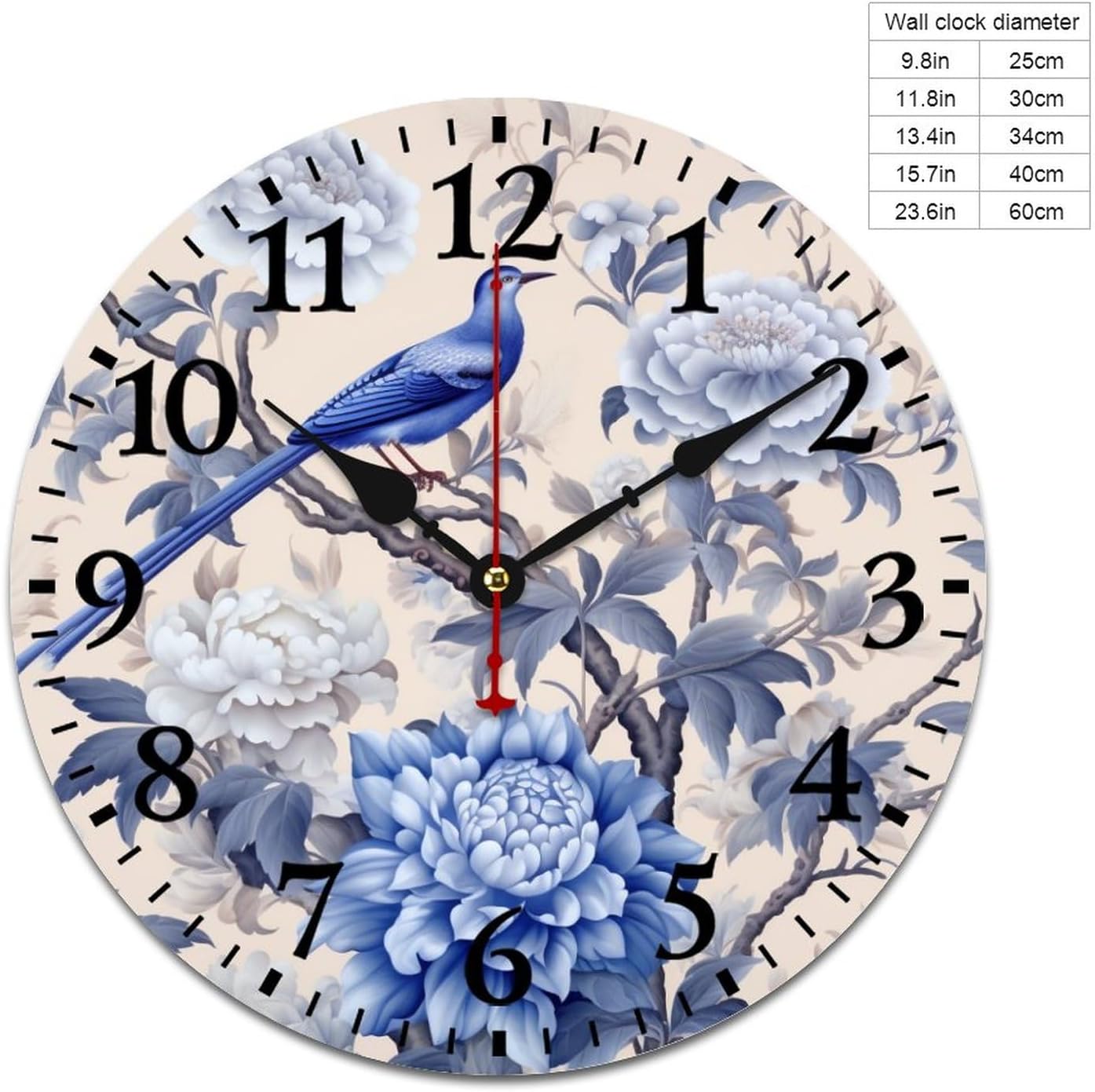 Wall Clocks Chinoiserie Blue White Floral Pattern Spring Flowers And Birds Modern Wood Wall Clock Battery-Powered with Quartz Movement Navy Blue Floral Wooden Wall Clocks 12 Inch Home Office School