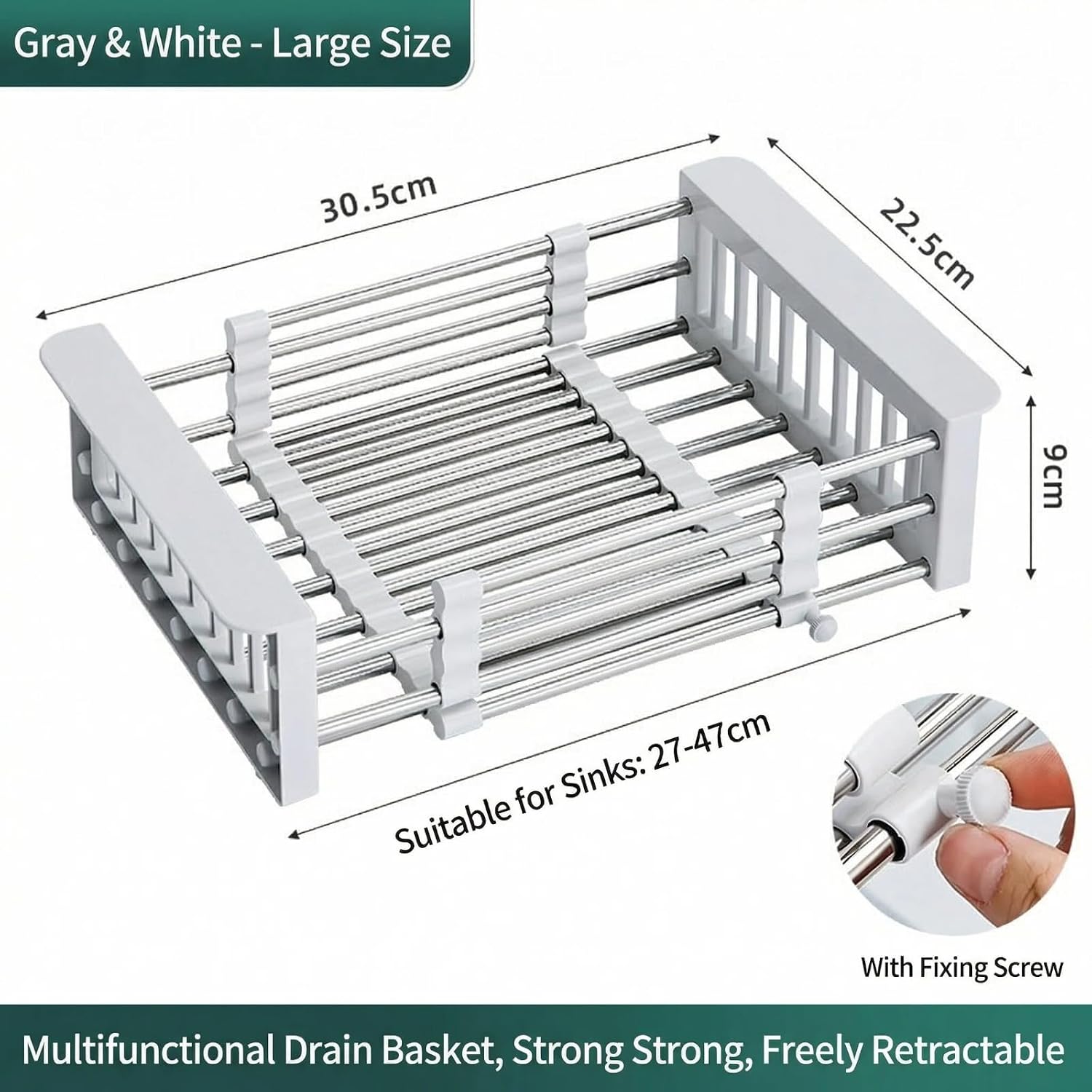 Extend Kitchen Sink Drain Basket, Adjustable Dish Drying Rack with Stainless Steel Drain Basket for Kitchen， Upgraded Retractable Kitchen Sink (Gray，Large)