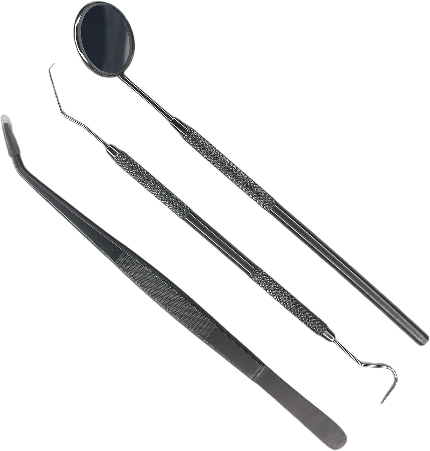 HTS Dental Pick Set 3 Piece Stainless Steel Explorer Pick Curved Inspection Mirror Tweezers Oral Care Kit