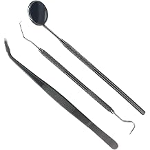 HTS Dental Pick Set 3 Piece Stainless Steel Explorer Pick Curved Inspection Mirror Tweezers Oral Care Kit
