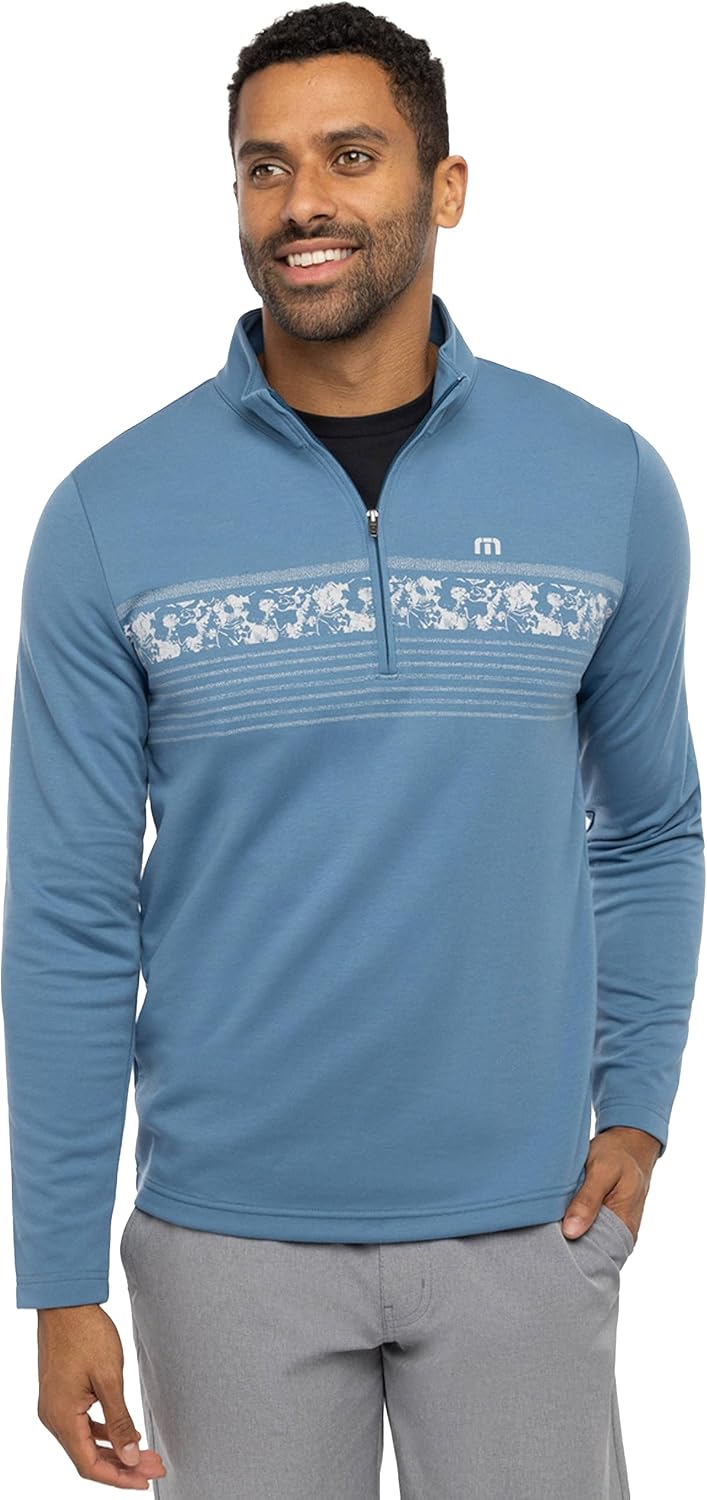 TravisMathew Men's Upgraded Striped Quarter Zip, Stellar Blue Chest Stripe
