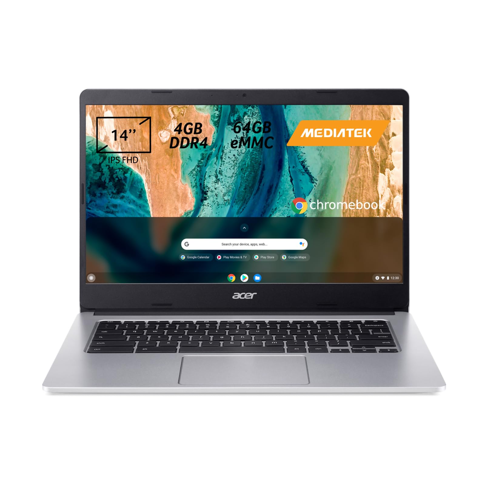 Acer Chromebook 314 CB314-2H-K227 Notebook, Pc Portatile con Processore MediaTek M8183, Ram 4 GB DDR4, eMMC 64 GB, Display 14" FHD LED LCD, Scheda Grafica Mali-G72 MP3, ChromeOS, Silver