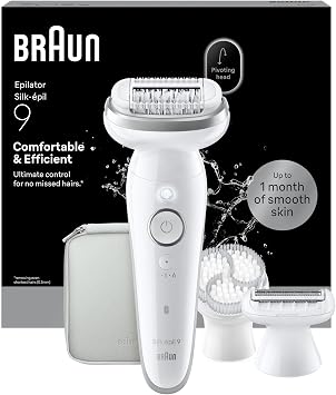 Braun Silk- pil 9 Women's Electric Epilator with Flexible Head for Easy Epilation, Wet & Dry, Long Smooth Skin, 9-061, White/Silver