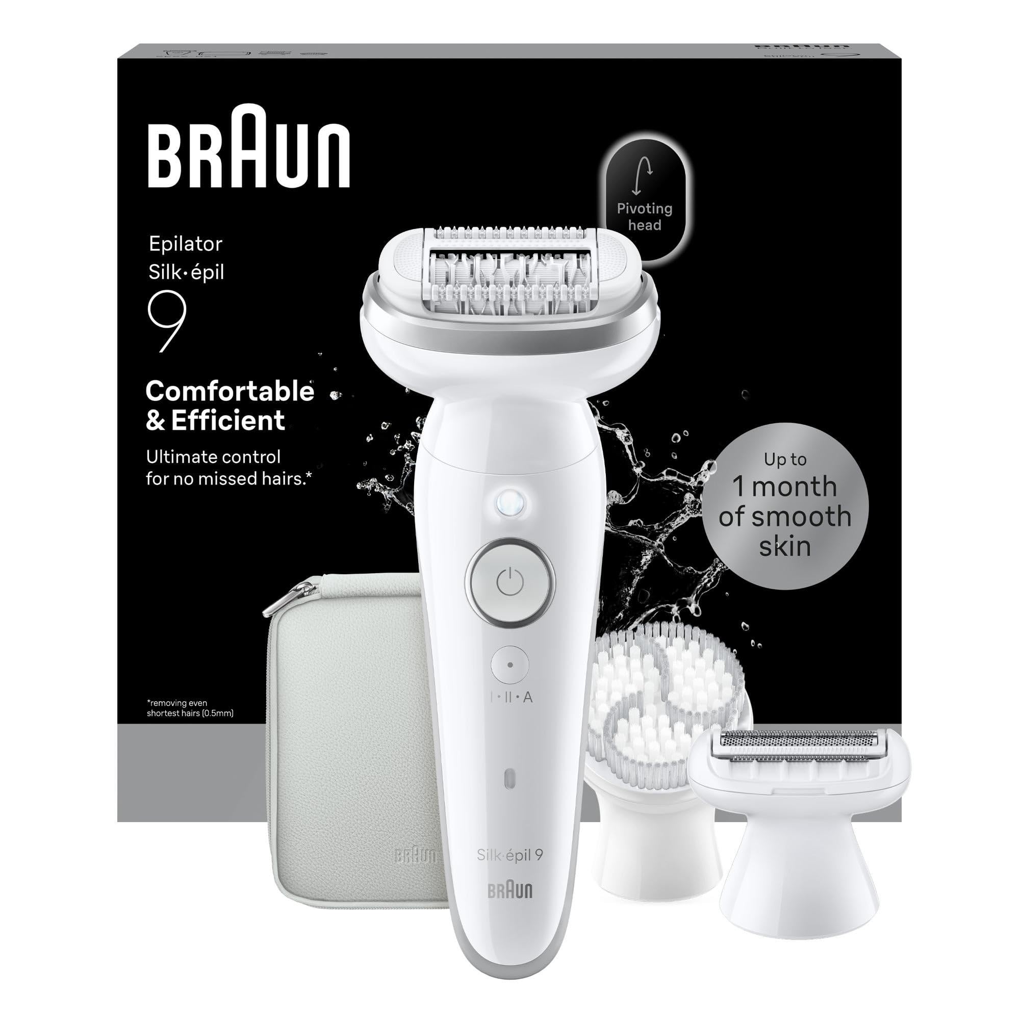 Braun Silk damski depilator elektryczny 9, depilator do ciała z grzebieniem trymerem, szczotką do peelingu i pokrowcem, depilacją, goleniem i przycinaniem, używaniem na sucho i na mokro, trwałe | Depilator do ciała z grzebieniem trymerem, szczotką do peel