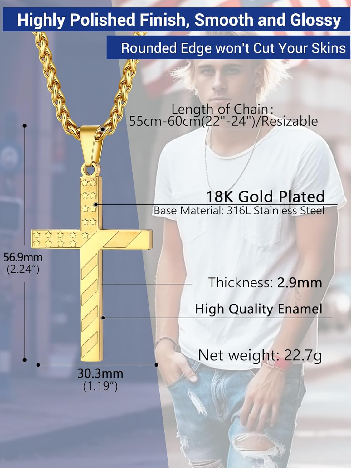 PROSTEEL American Flag Necklace for Men, USA Flag Eagle/Cross Pendant, Stainless Steel Dog Tag Necklace, US Patriotic Jewelry, 22"-24" Adjustable, Come with Box