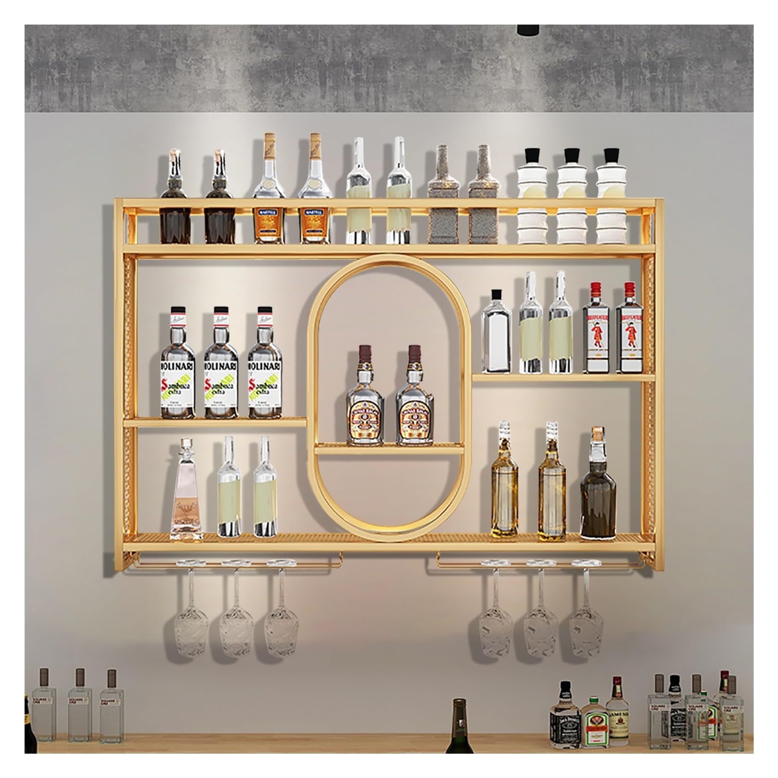 Soporte de pared LED para botellas con estante de cristal, estante de licor para exhibición de vino, estantes de almacenamiento de bar, licor decorativo con iluminación LED para decoración del hogar