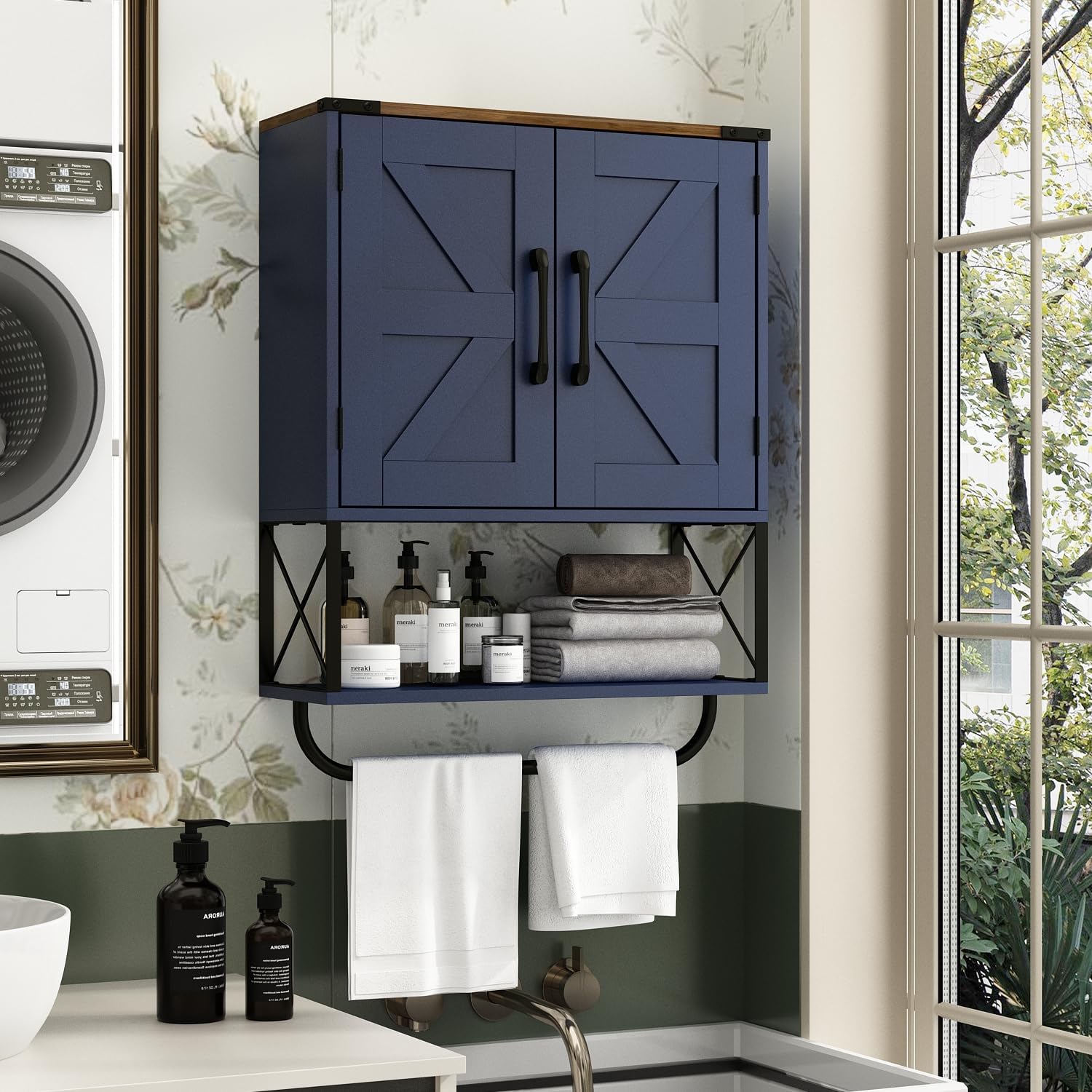 RUSTOWN Farmhouse Medicine Cabinet with 2 Barn Door, Boho Wood Wall Mounted Storage Cabinet with Adjustable Shelf and Towel Bar, 3-Tier Bathroom Cabinet for Bathroom (Navy Blue and Walnut)