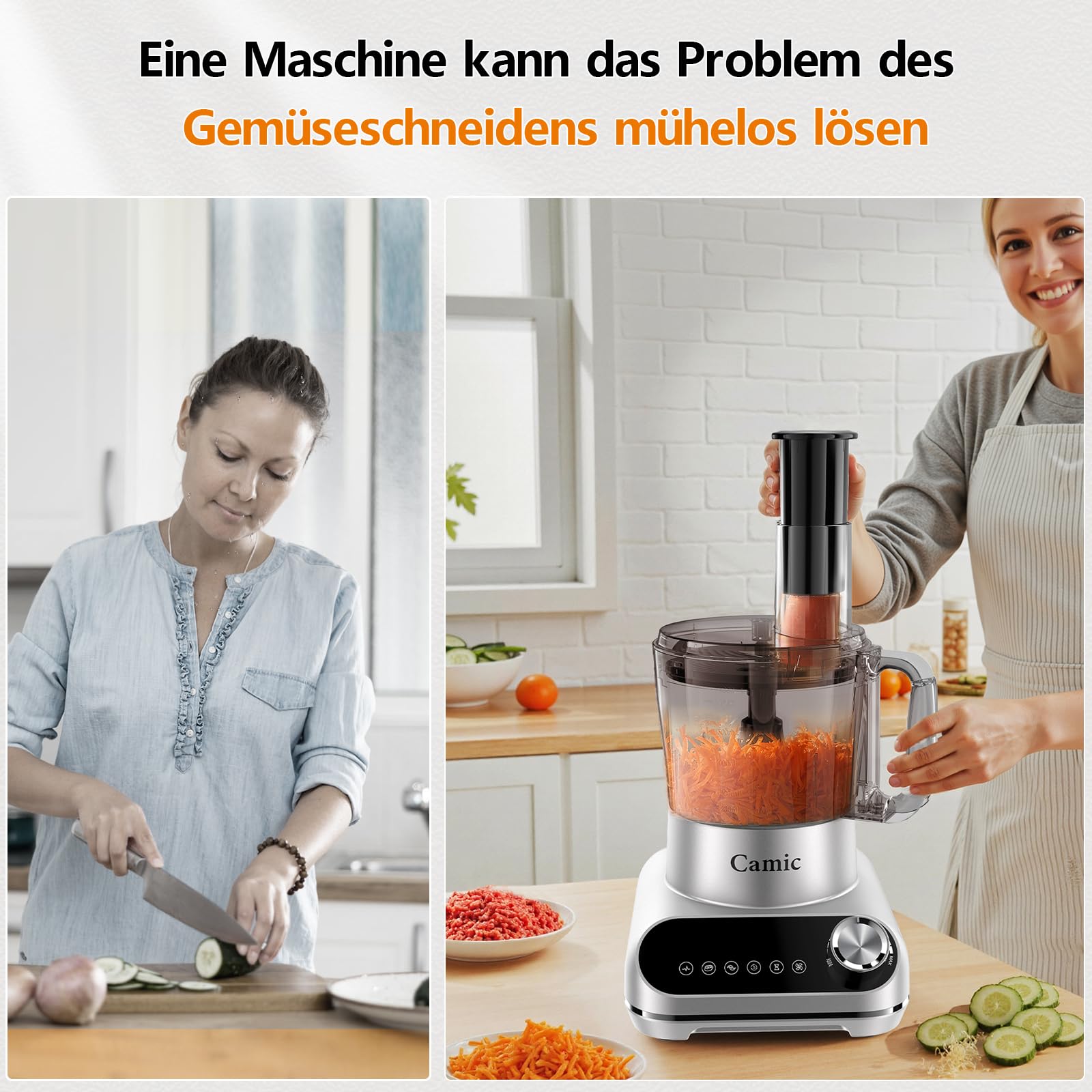 Camic Küchenmaschine 1500W Food Processor mit 2.5L Schüssel, mit 6 Programmen, Hacken, Schneiden, Mixen – Inkl. Zubehör, für die Küche zu Hause – Upgrade-Zubehör