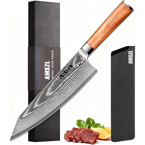 8.5" Hybrid Santoku Chef Knife - Japanese Damascus VG-10 Steel - All-in-One Kitchen Knife for Chopping, Slicing, Mincing - Includes Leather Sheath & Gift Box