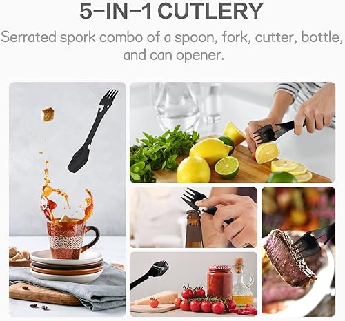 Miniatura 4 de Paquete de 2 cucharas de tenedor multifunción de acero inoxidable 5 en 1, tenedor y cuchillo, abrelatas y utensilios de campamento para picnic,