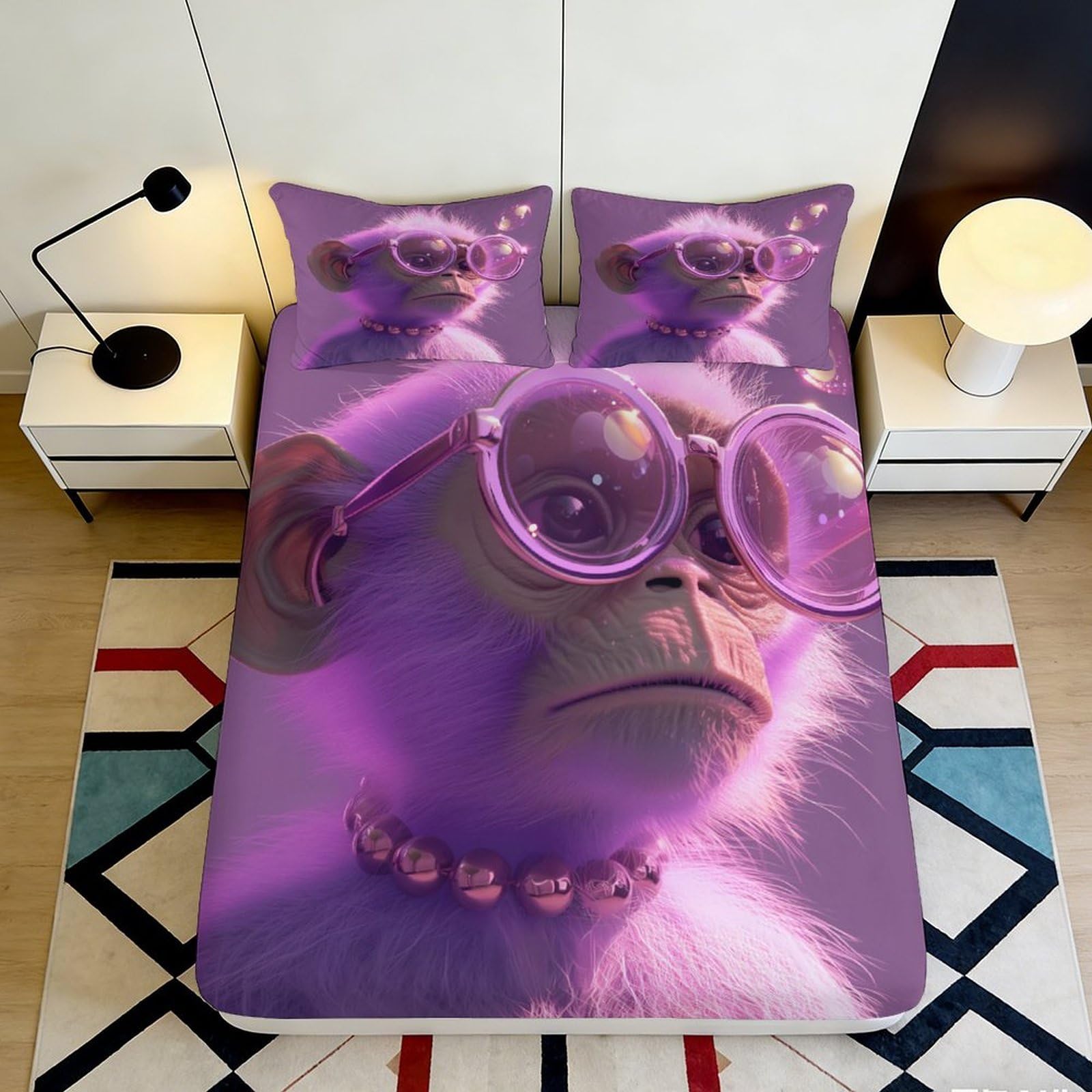 3D Printed Purple Cool Monkey Fitted Sheet Microfiber Deep Pocket Non-Slip Bedroom Bedding Purple Monkey Mattress Fitted Cover for Adults Teens 200x200x25cm
