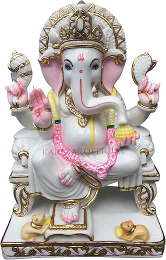 KARIGAROFFICIAL Ganesha Statue Sitting on Singhasan Large 18 inches Handcrafted Marble Ganapati Idol Handpainted White Pin...