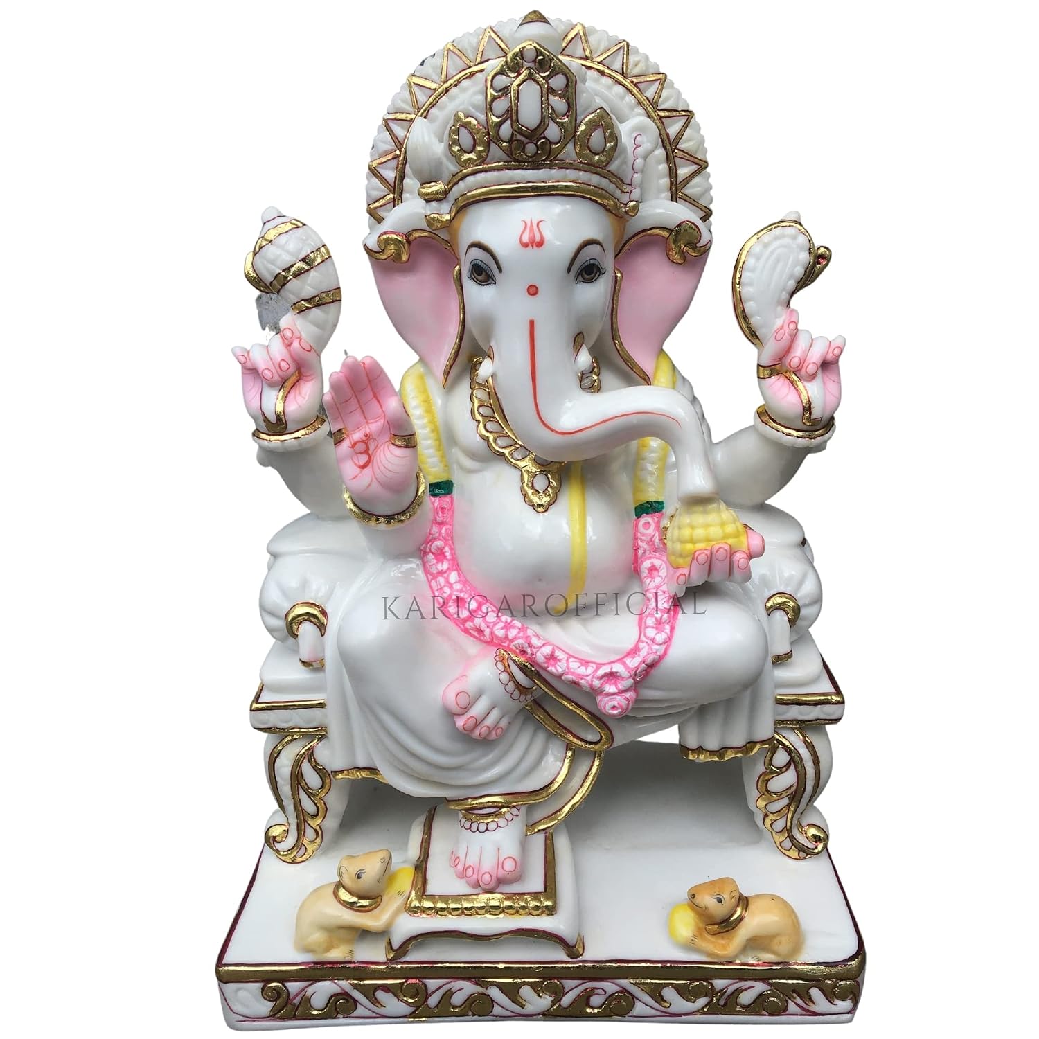 KARIGAROFFICIAL Ganesha Statue Sitting on Singhasan Large 18 inches Handcrafted Marble Ganapati Idol Handpainted White Pin...