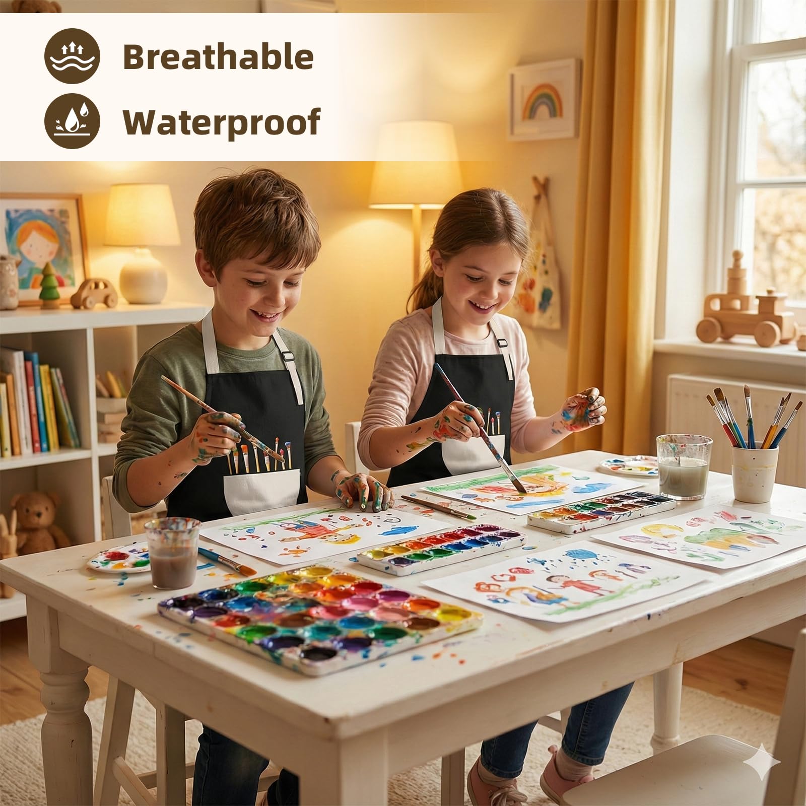 VZZNN 12 Stück Kinder-Kittel, wasserdichte Kinder-Malschürze mit Tasche für Kunst, Handwerk, Malen, Kochen, Aktivitäten