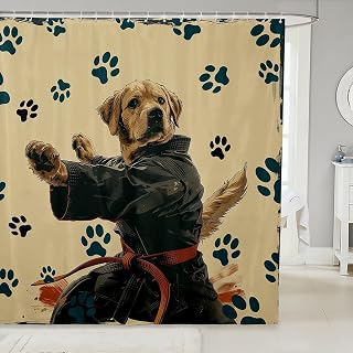 Feelyou Kids Taekwondo Bathroom Shower Curtain Set Kungfu Bath Curtain Boys | Girls Cute Dog Shower Curtain Japanese Sports Teens Bathroom Accessories Bedroom Decor 72"x72"