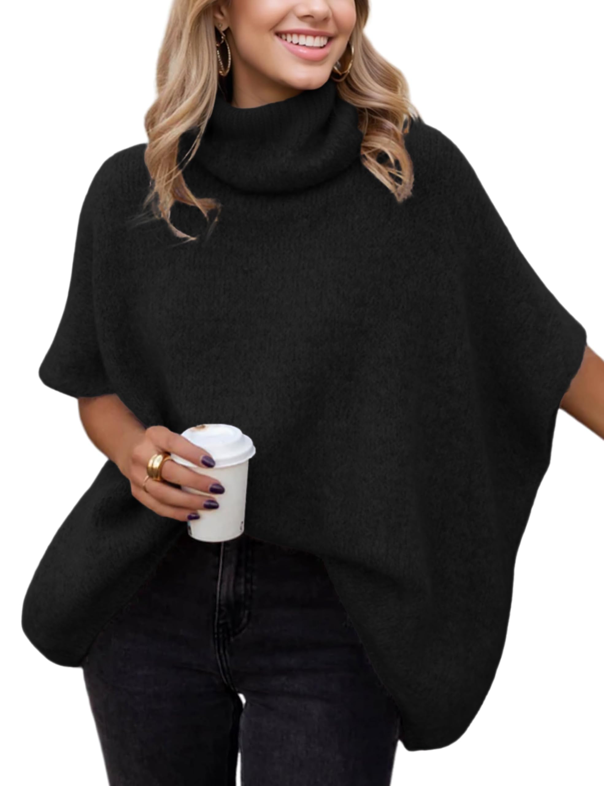 Womens Turtleneck Batwing Sleeve Sweater Knitted Oversized Chunky Short Dolman Tops