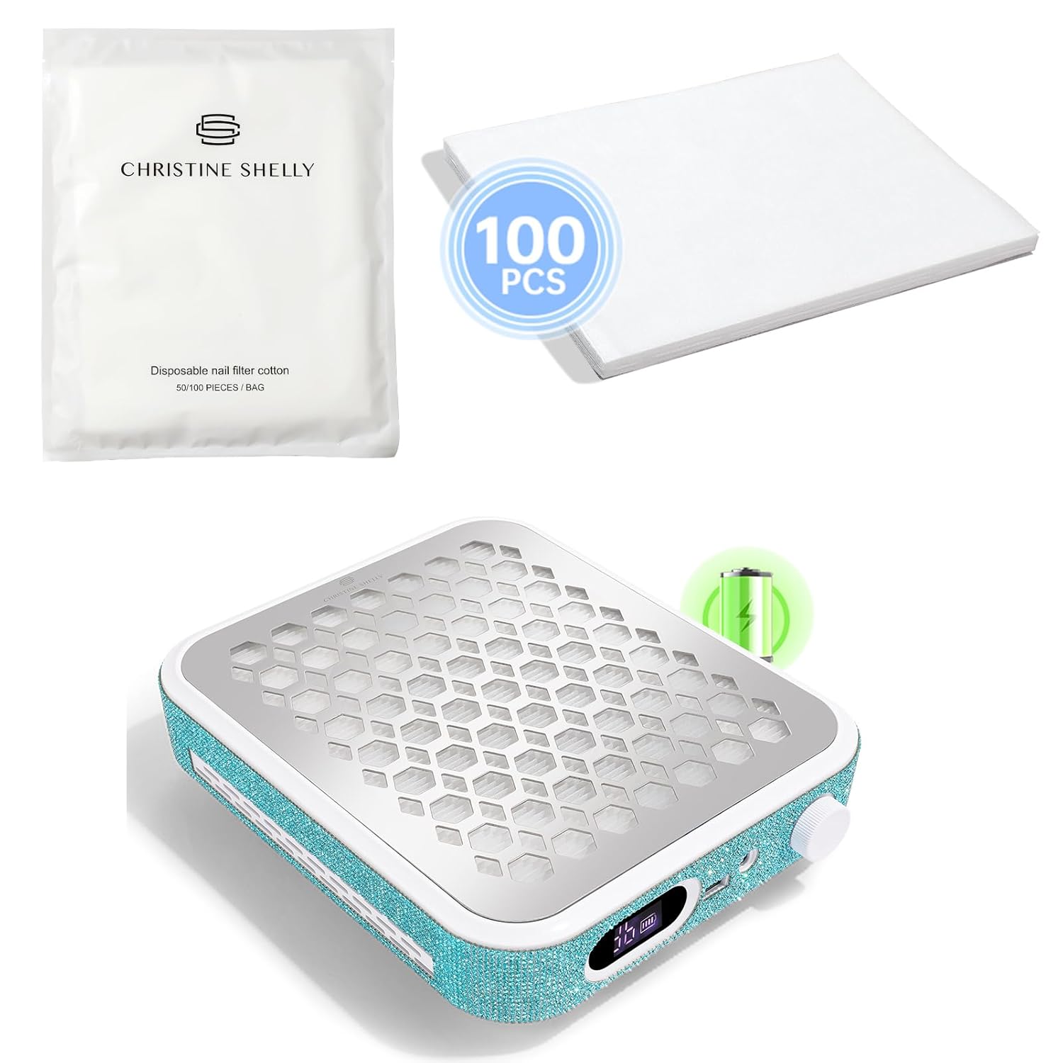 Nail Dust Collector, Rechargeable Dust Collector Nail Tech, Powerful Vacuum Fan Vent Dust Collector Extractor & 100 Sheets Nail Dust Collector Filter Paper