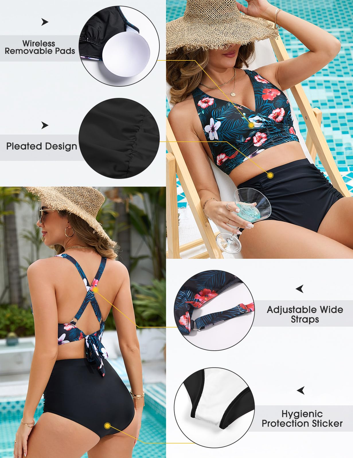 Voqeen Femme Maillots de Bain Deux Pièces Push-up Ensembles Taille Haute Bikini Set Froncé avec Contrôle du Ventre Col V Élégant