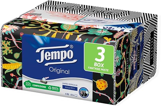 Tempo Paper Tissues Box, 3 Boxes of 80 Disposable Tissues, 4-Ply, Limited Edition Seletti Box, 4 Assorted Graphics, Recyclable Pack of Natural Origin