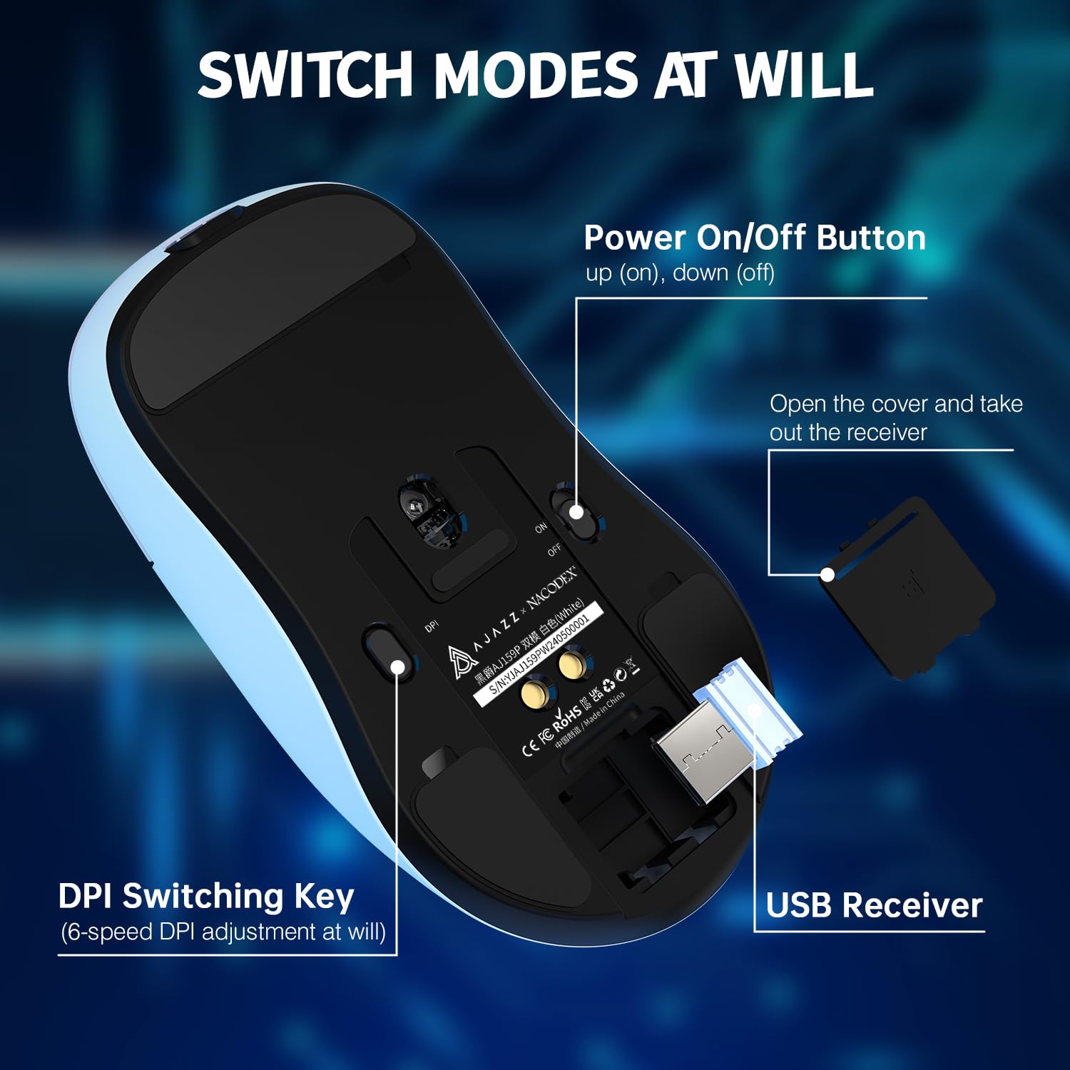 AJAZZ AJ159P Superlight Mouse da Gioco Wireless con Dock di Ricarica Magnetico, 56G Ultra-Light, Sensore Pixart Paw3395, 26000 DPI,2,4 GHz/USB-C Cablato, 6 Pulsanti Programmabili, per PC/Mac (Bianco)