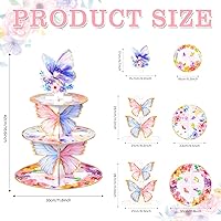 Vista 2 de Soporte para cupcakes de mariposa, torre de 3 niveles, decoraciones de mariposa con corona floral para cumpleaños, boda, baby shower, suministros