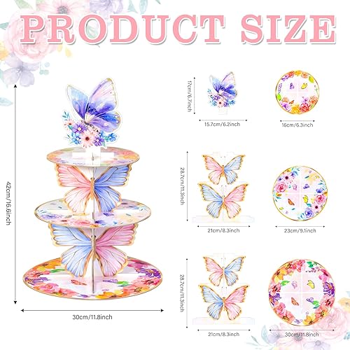 Miniatura 2 de Soporte para cupcakes de mariposa, torre de 3 niveles, decoraciones de mariposa con corona floral para cumpleaños, boda, baby shower, suministros