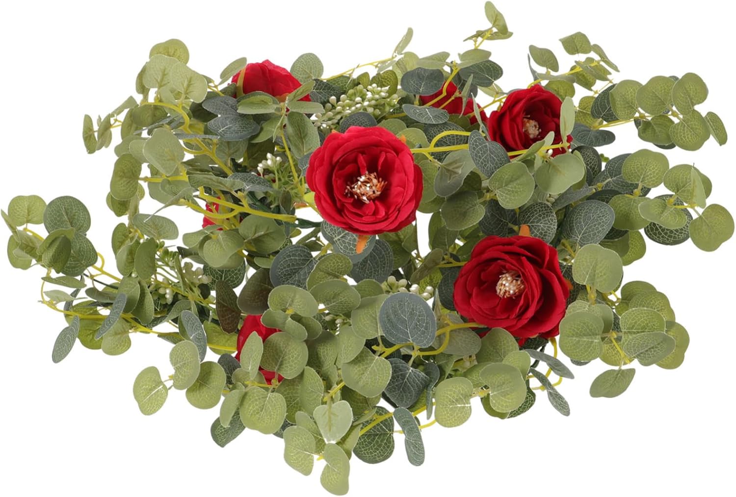 Romantic Red Rose Garland Decor with Eucalyptus Leaves Artificial Flower Wreath for Wall and Door Hanging Valentine S Day Floral Swag for Home and Wedding Decorations