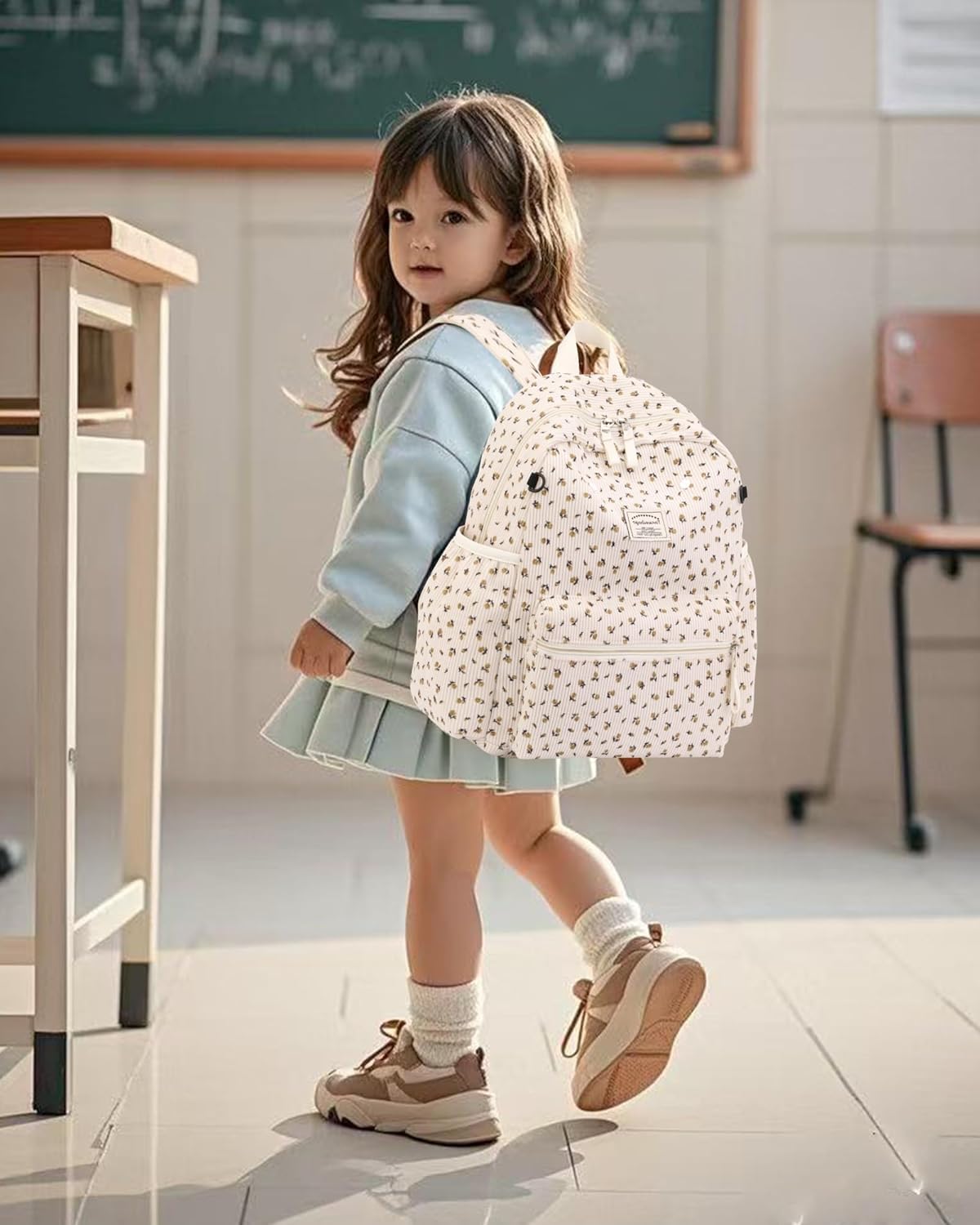 Corduroy Kids Backpack for Boys Girls Backpacks for Primary Elementary Kindergarten 6-10(Flower Beige, Medium (15" H Fit A4 Folder)) - Image 5