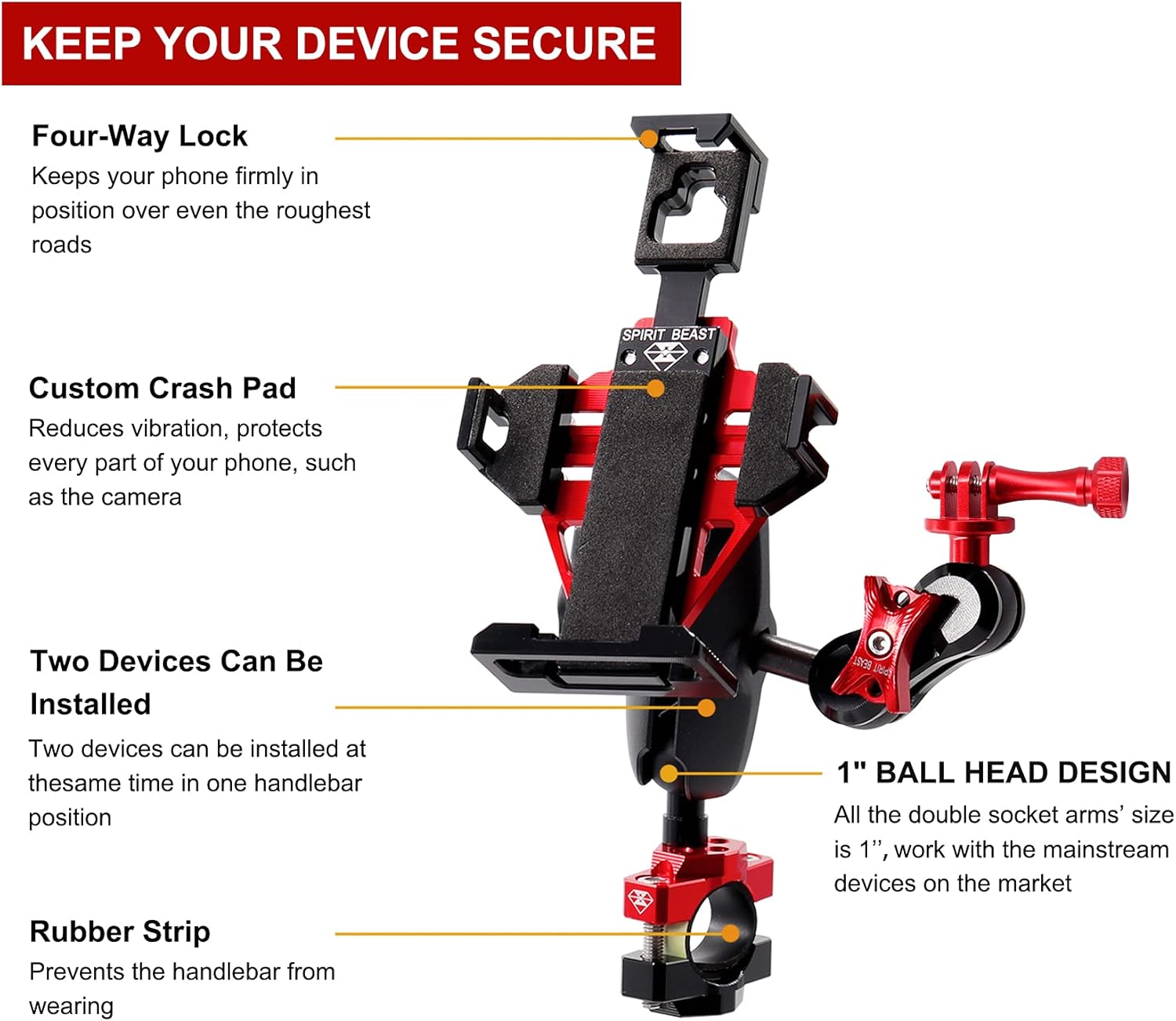 Black Friday Sale 2022 Metal Motorcycle Phone Mount Holder with Extension Arm, 2 in 1 Handlebar Mount for Cell Phone and Action Camera, Fit iPhone, Samsung, etc., Fit Most Motorcycle and Harley Davidson (Red)