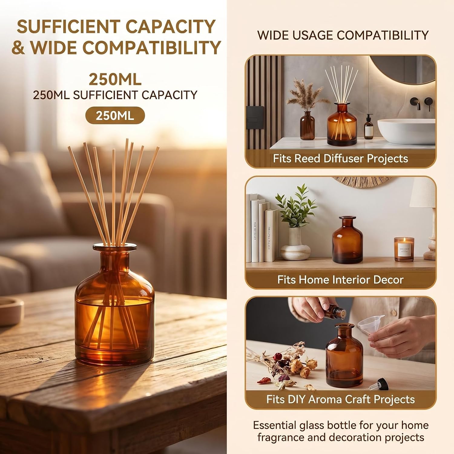 8.4oz Glass Reed Diffuser Bottles, Amber Fragrance Container