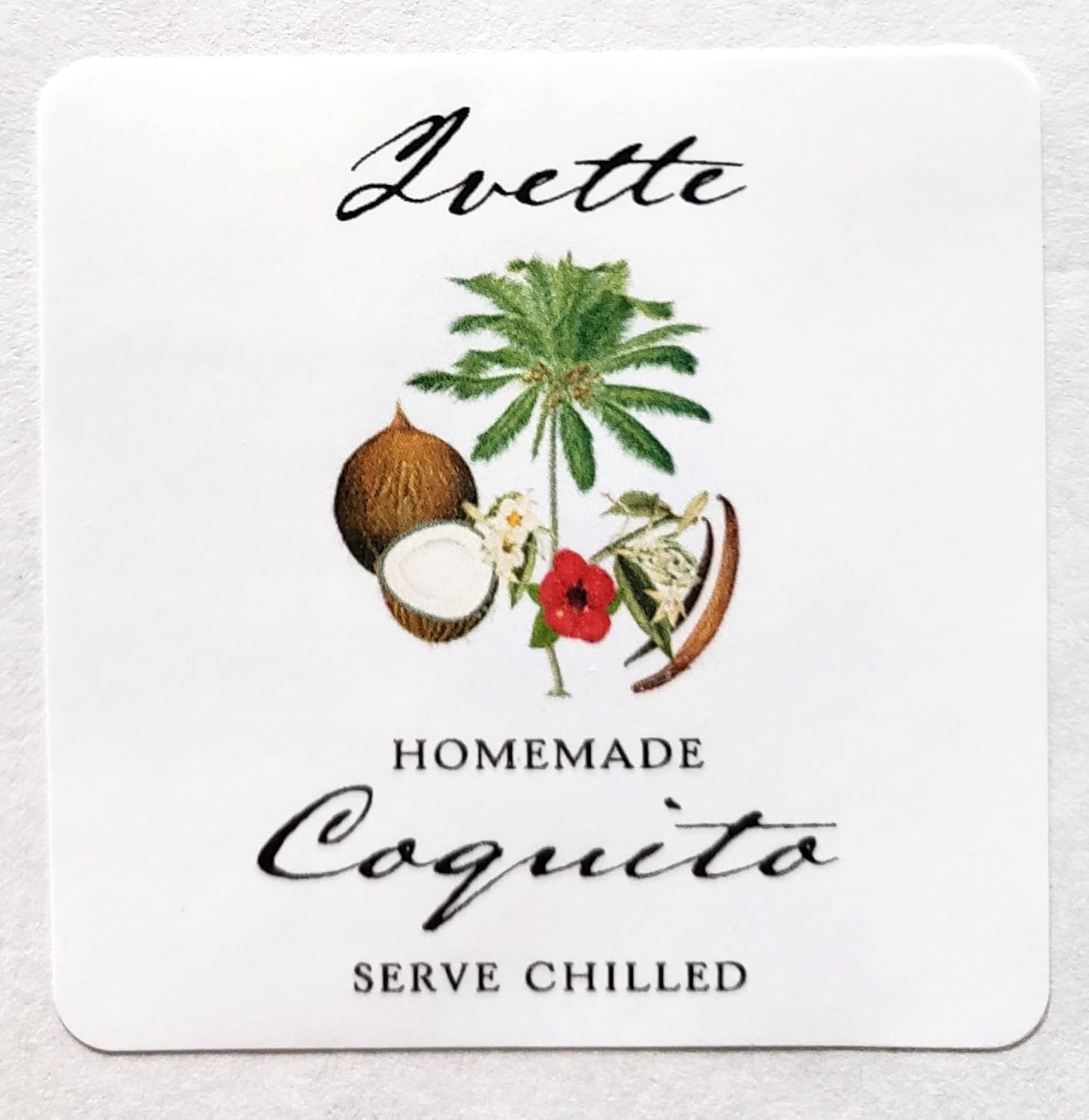 Personalized COQUITO (Hibiscus) Labels with Graphic of Coconut, Vanilla Bean, Palm Tree and Hibiscus - Sets of 18 Labels (2" Round)