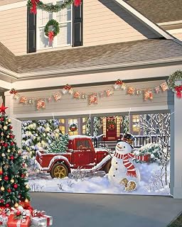 Christmas Garage Door Banner Cover 7 x 16 ft, Merry Christmas Happy Snowman Red Truck Christmas Tree Christmas Garage Door Decorations Holiday Christmas Backdrop Decor for Winter New Year Xmas Party