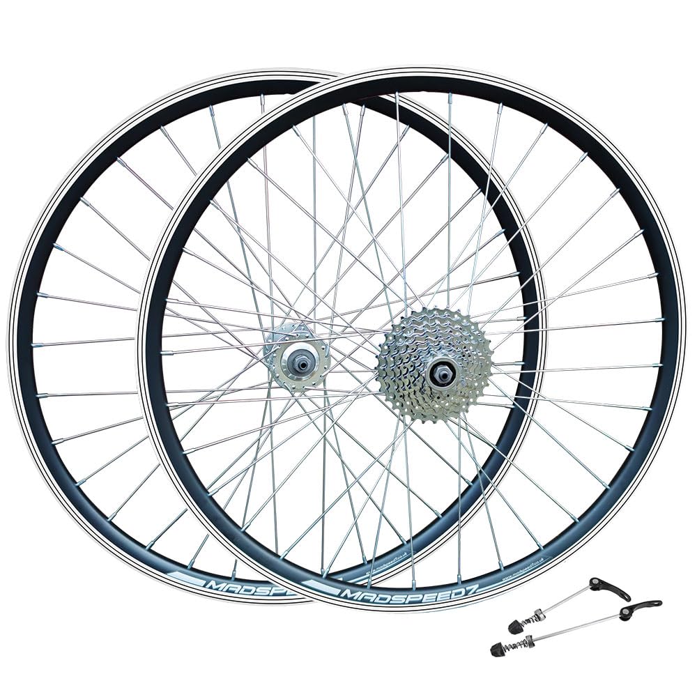 Madspeed7 QR 26" (ETRTO 559x19) Mountain MTB Bike Wheel Set + 8 Speed Freewheel (11-32t) – Rim & Disc Brake Compatible – Sealed Bearings Hubs (Very Smooth Hubs) – Double Wall – 32x Silver Spokes