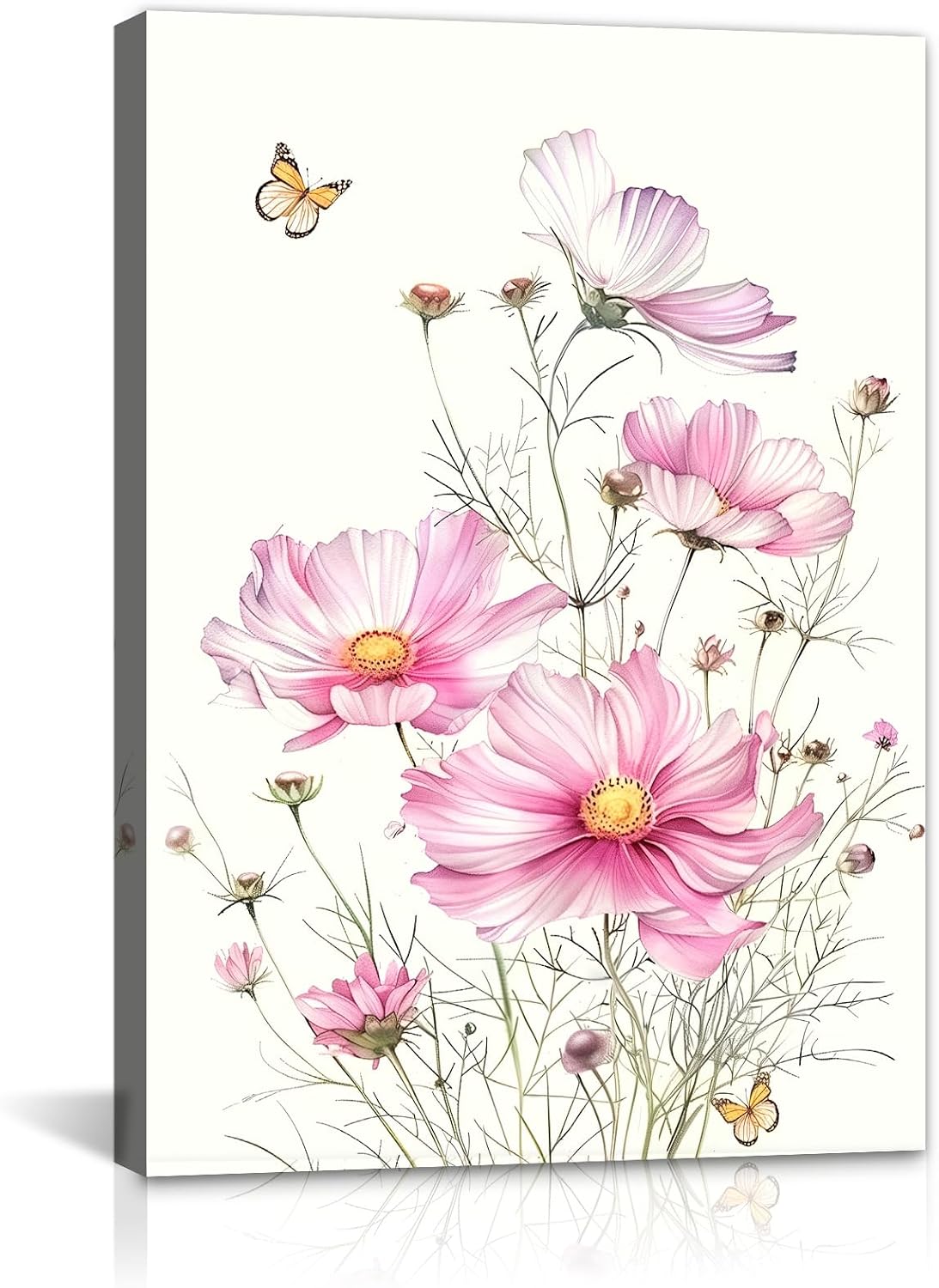 GLOKAKA Pink Flower Canvas Wall Art Watercolor Floral Painting Pictures Print Botanical Artwork for Living Room Bedroom Home Decor Framed Ready to Hang(Artwork-3,24"x36")