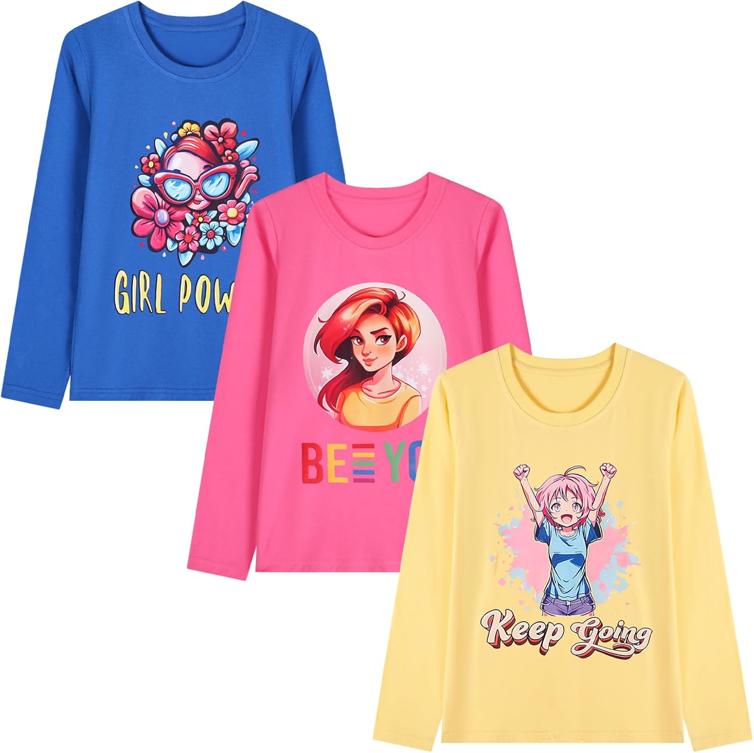 HILEELANG Young Girl Long Sleeve Shirts Cotton Casual Graphic Fashion T-Shirts 3 Packs - Image 3