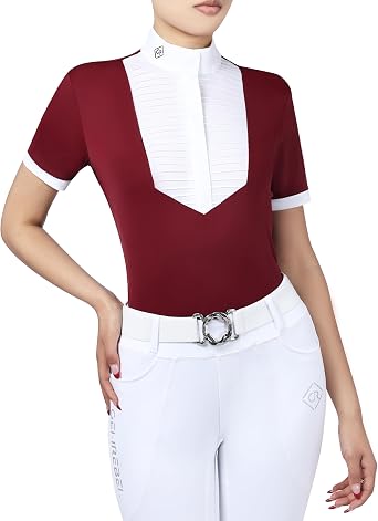 Womens Equestrian Show Shirt, Short Sleeve Horse Riding Top, UPF50 Breathable Competition Top with Hidden Zipper