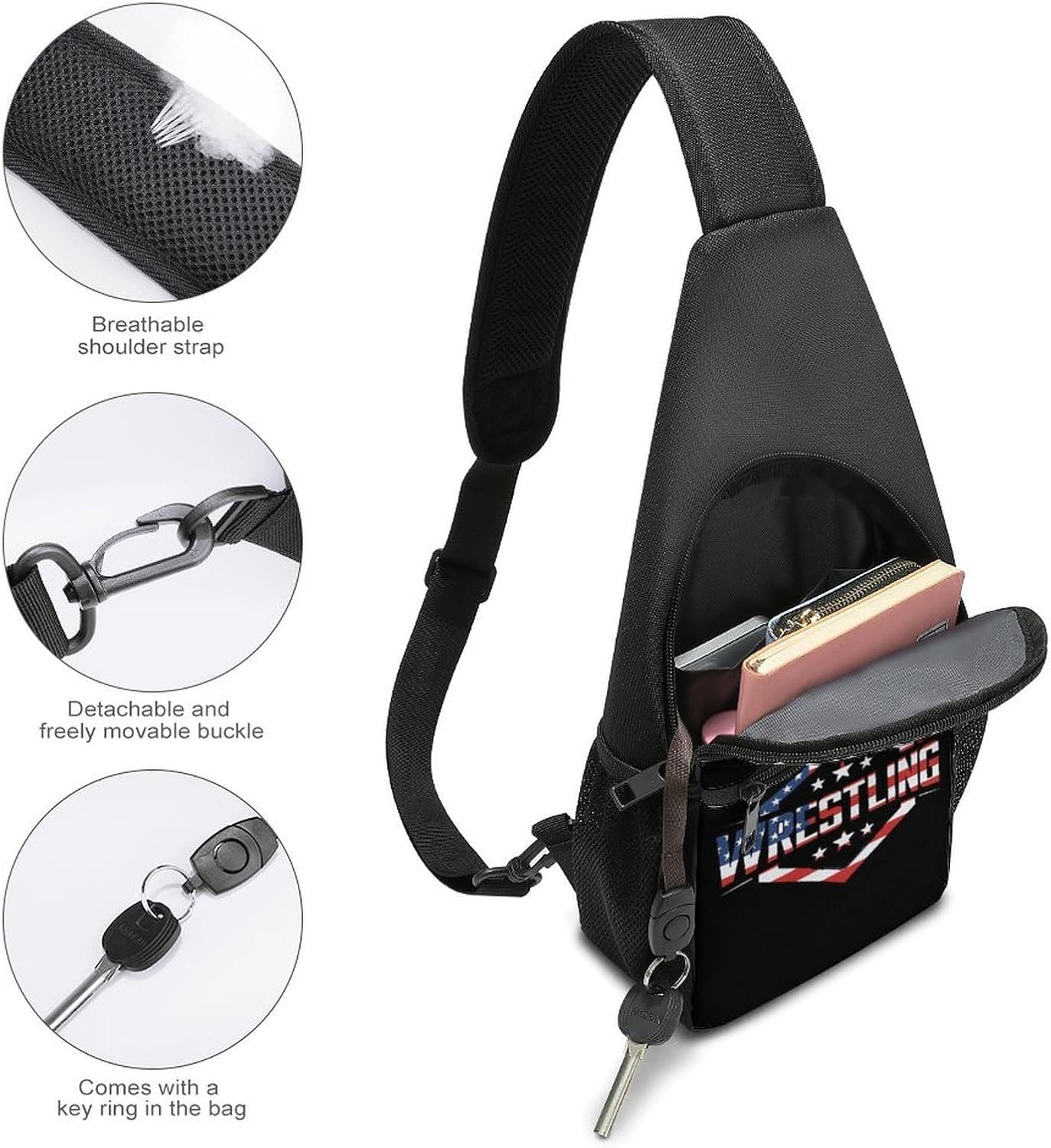 U.S.A. Flag Wrestling Crossbody Sling Backpack Chest Bag Daypack | unisex,trendy,with convertible and detachable shoulder strap,side pockets
