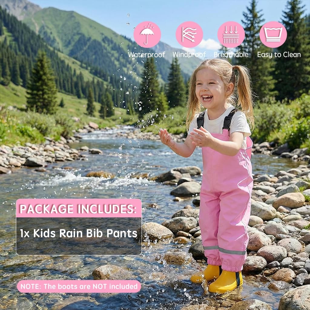 Toddler Waterproof Rain Bib Pants, Kids Rain Pants Boys Girls Rain Trousers Lightweight Mud Pants Rainwear