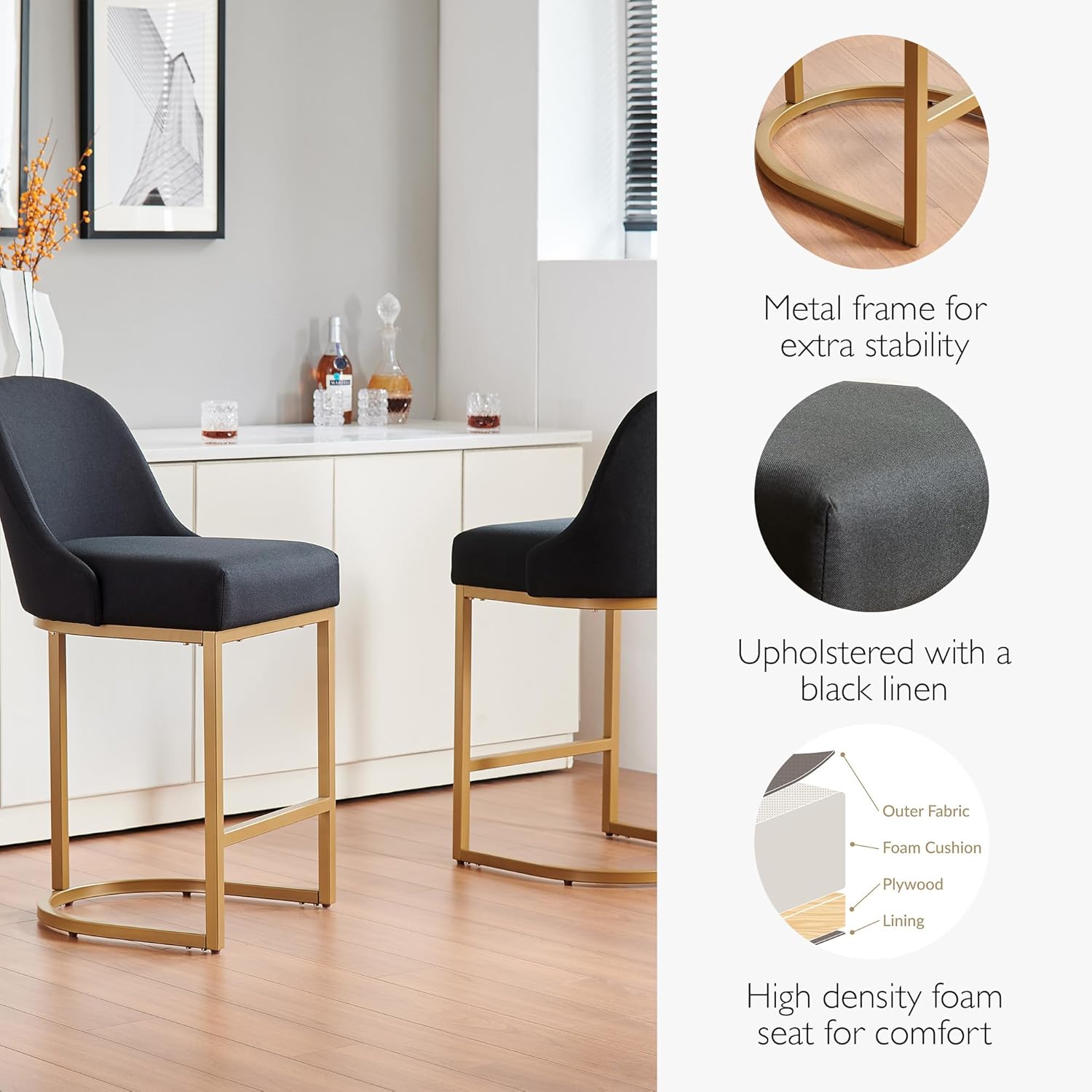 Leick Home Barrelback Counter Stool Set of 2, Counter Height, Upholstered Linen Cushion, Black & Gold, Metal Base, Easy Assembly, 20.75 in L x 23.25 in W x 38.5 in H, Item 214528