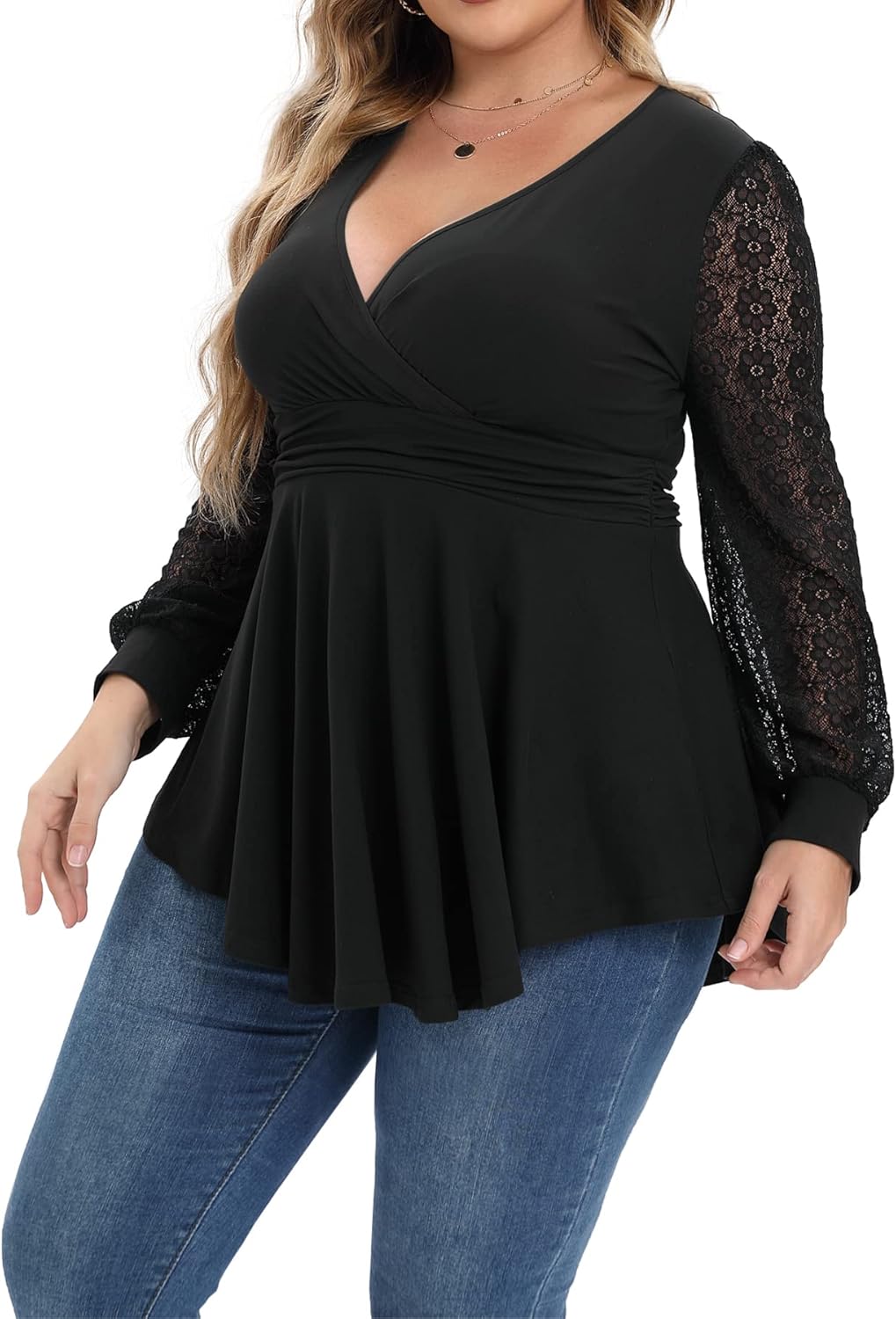 Plus Size Tops for Women Lace Long Sleeve Fall Shirts Casual Dressy Wrap V Neck Pleated Tunic Top - Image 3