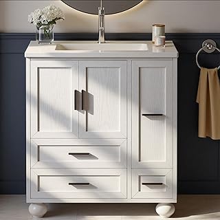 LIKIMIO 29.5" Bathroom Vanity with Sink, Hair Tool Drawer, 4 Solid Legs, 4 Drawers 2 Doors, Modern Freestanding Wooden Bathroom Cabinet with Undermount Upgraded SMC Sink, Quick Assembly, White