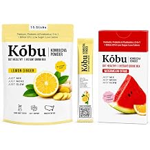 Kobu Kombucha Powder 1 Lemon Ginger Large Bag 15 Sticks + 1 Watermelon Citrus Box 7 Sticks 3-in-1 Prebiotic, Probiotic, Postbiotic
