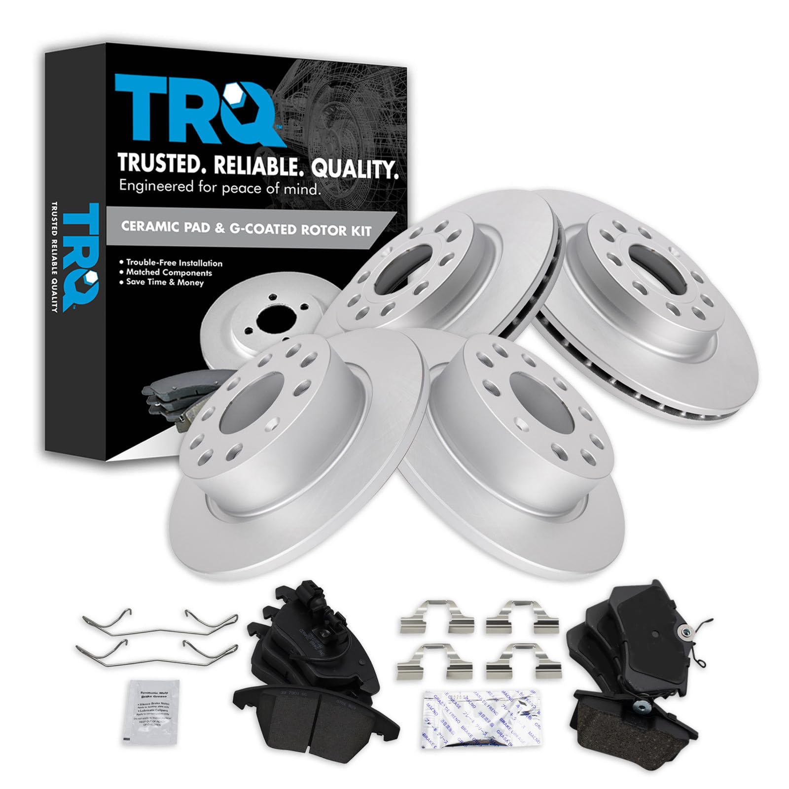 TRQ Front and Rear Brake Pad and Rotor Set Ceramic Coated Vented Solid Rotors Compatible with 2011 Audi A3