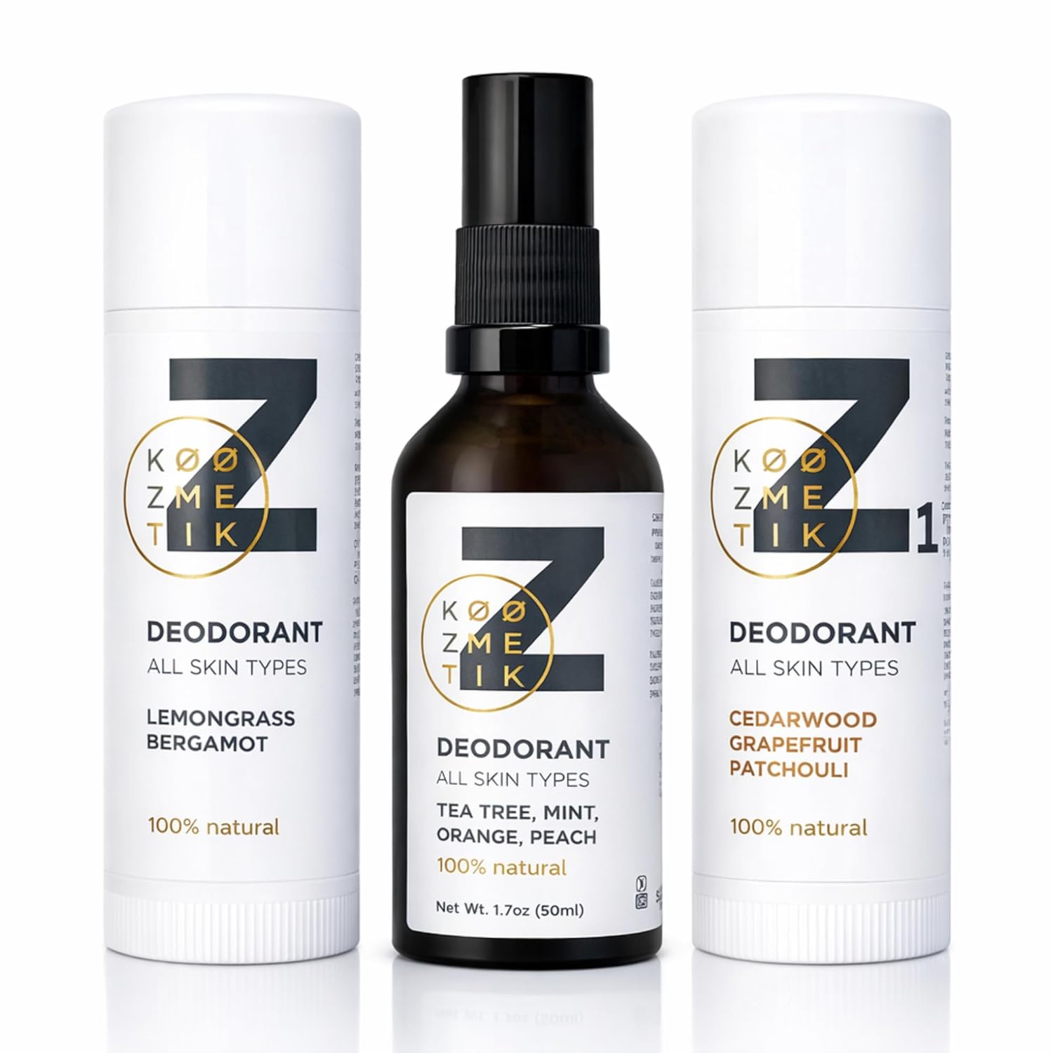 KØØZMETIK Natural Deodorant 3-Pack for Men & Women (Z, Z1 & Z2) | Natural, Aluminum-Free | Long-Lasting Freshness | Lemongrass, Cedarwood & Tea Tree Scents | Skin-Friendly, Cruelty-Free